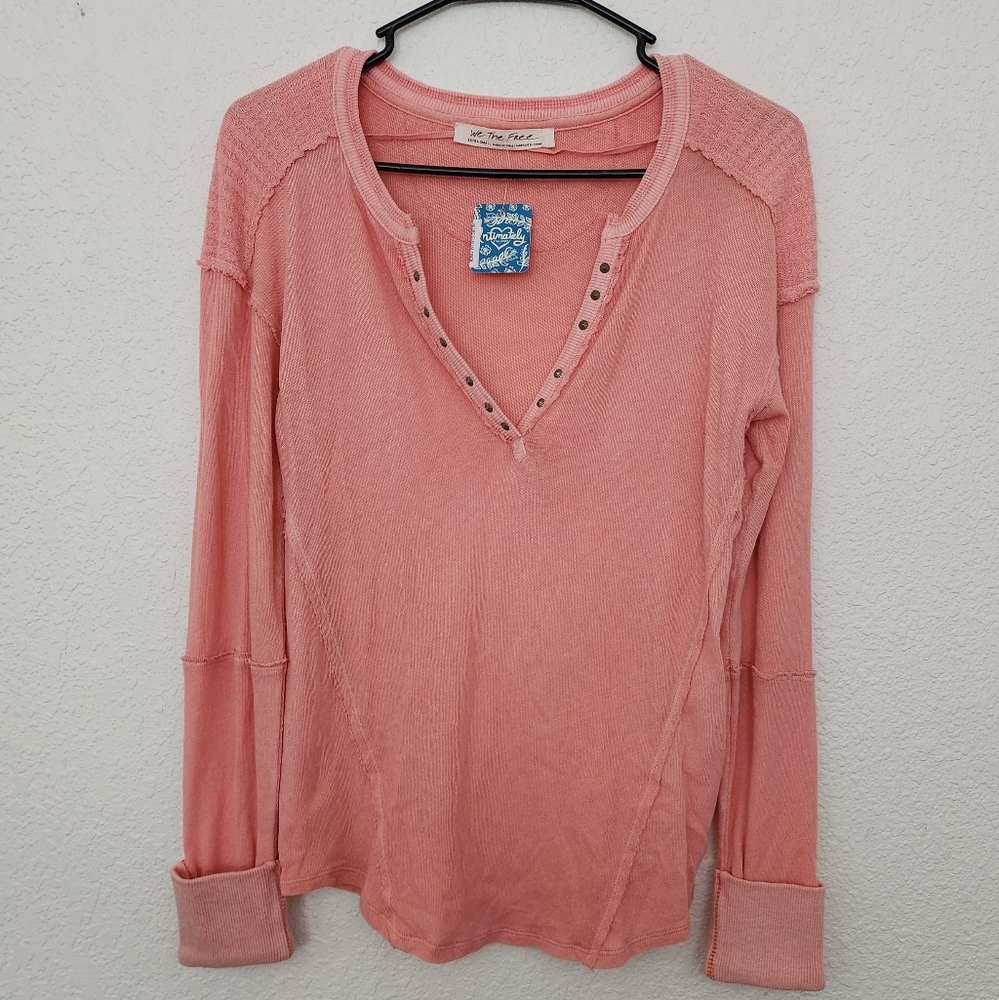 Free People 100% Cotton Studded Henley V Neck Top,Peach/Pink color, XS, NWT - Picture 2 of 13